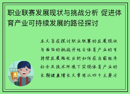 职业联赛发展现状与挑战分析 促进体育产业可持续发展的路径探讨 职业联赛发展现状与挑战分析 促进体育产业可持续发展的路径探讨