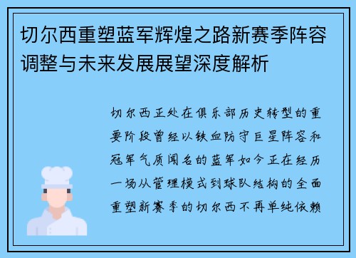 切尔西重塑蓝军辉煌之路新赛季阵容调整与未来发展展望深度解析 切尔西重塑蓝军辉煌之路新赛季阵容调整与未来发展展望深度解析